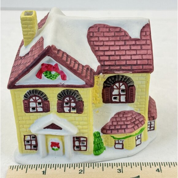 Vintage Lotus Ceramic Christmas Village Yellow House Figurine Snowy Accents 4" - Picture 8 of 9